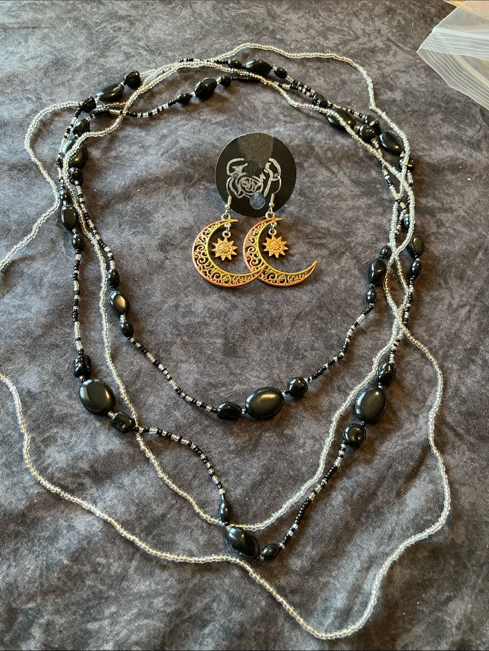 2 Beaded Black Layered Necklaces with Moon & Sun Earrings